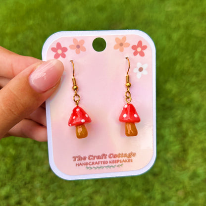 Handmade Polymer Clay Lightweight Dangle Earrings: Little Red Mushrooms